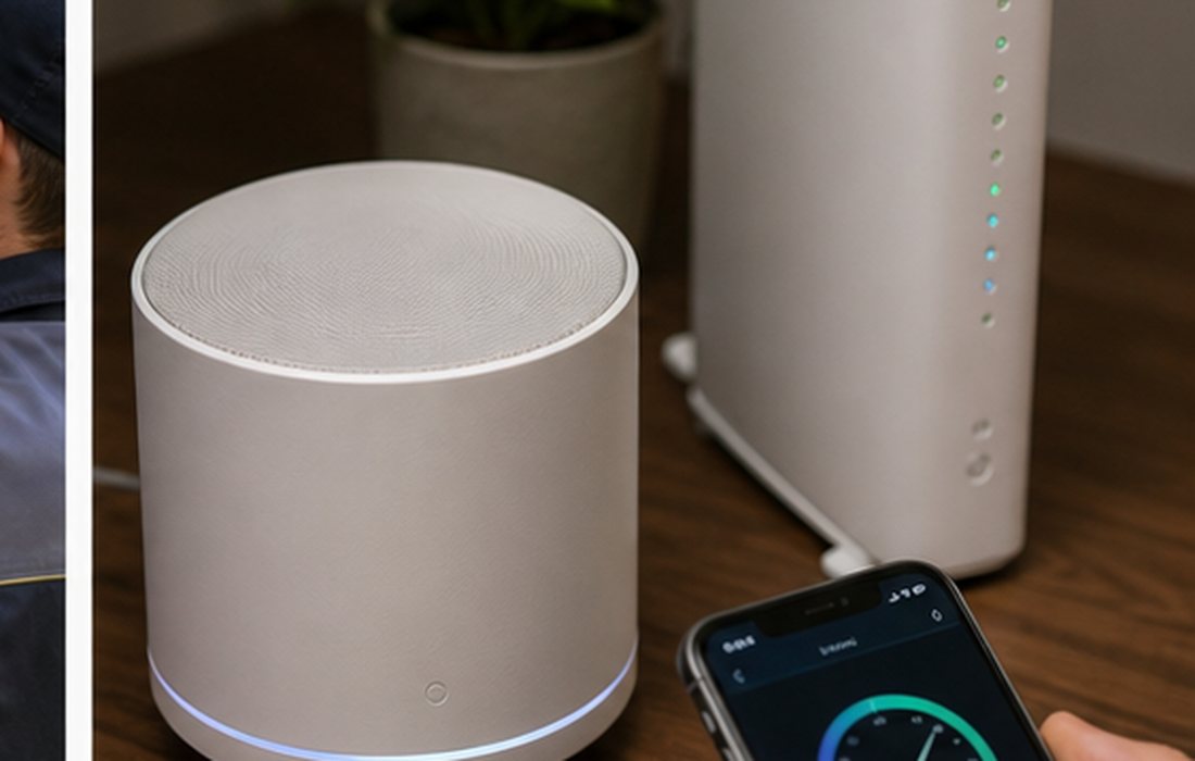 Домашний mesh Wi-Fi узел и смартфон для проверки покрытия в загородном доме