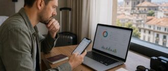 Путешественник проверяет зарубежные списания на ноутбуке и смартфоне у окна