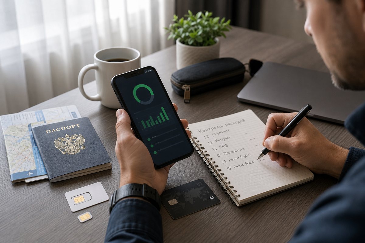 Смартфон, паспорт, банковская карта и блокнот для контроля расходов на связь