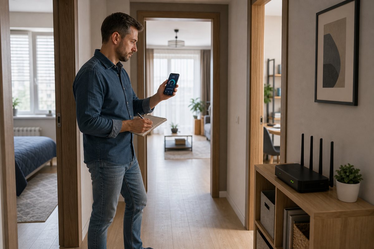 Человек проверяет Wi-Fi сигнал со смартфоном в коридоре квартиры