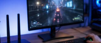 Игровое рабочее место с роутером, компьютером и гарнитурой