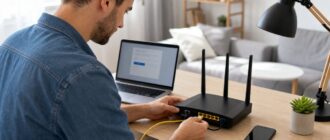 Пользователь подключает Wi-Fi роутер к ноутбуку и интернет-кабелю