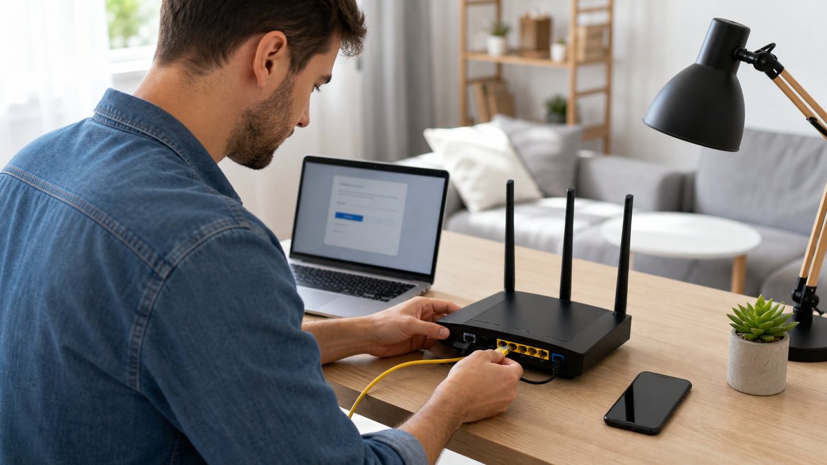 Пользователь подключает Wi-Fi роутер к ноутбуку и интернет-кабелю