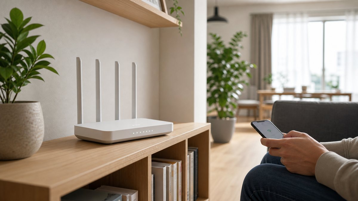 Wi-Fi роутер стоит на открытой полке в центре квартиры