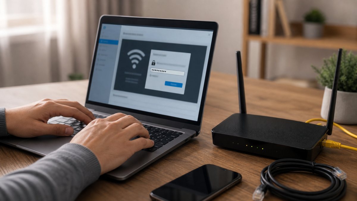 Пользователь настраивает безопасность Wi-Fi роутера через ноутбук