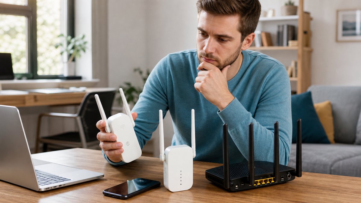 Пользователь сравнивает Wi-Fi роутер и усилитель сигнала на домашнем столе