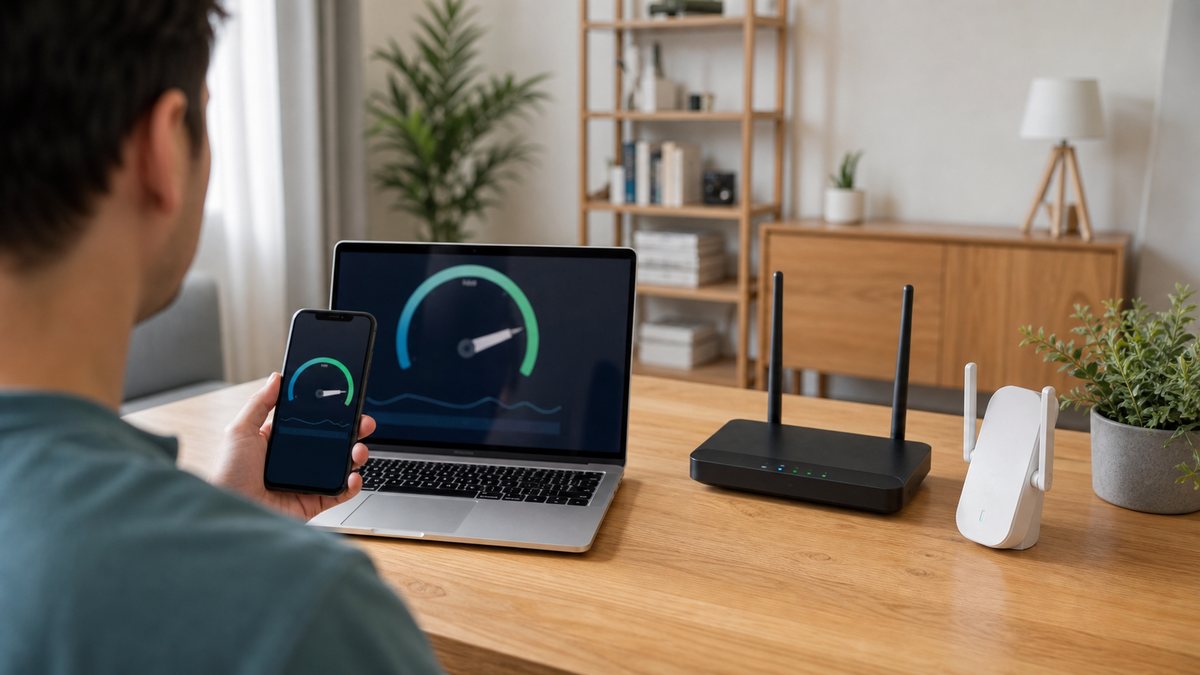 Пользователь проверяет скорость Wi-Fi после установки усилителя сигнала