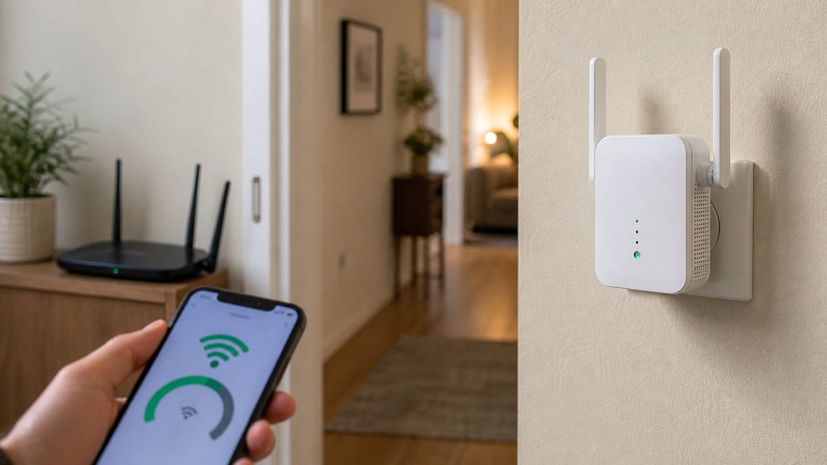Компактный Wi-Fi усилитель подключен к розетке в коридоре квартиры