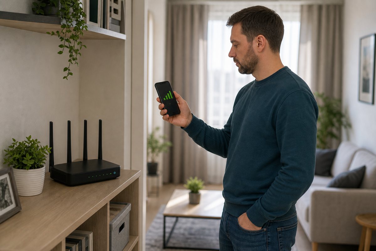 Человек проверяет сигнал смартфоном рядом с Wi-Fi роутером в гостиной