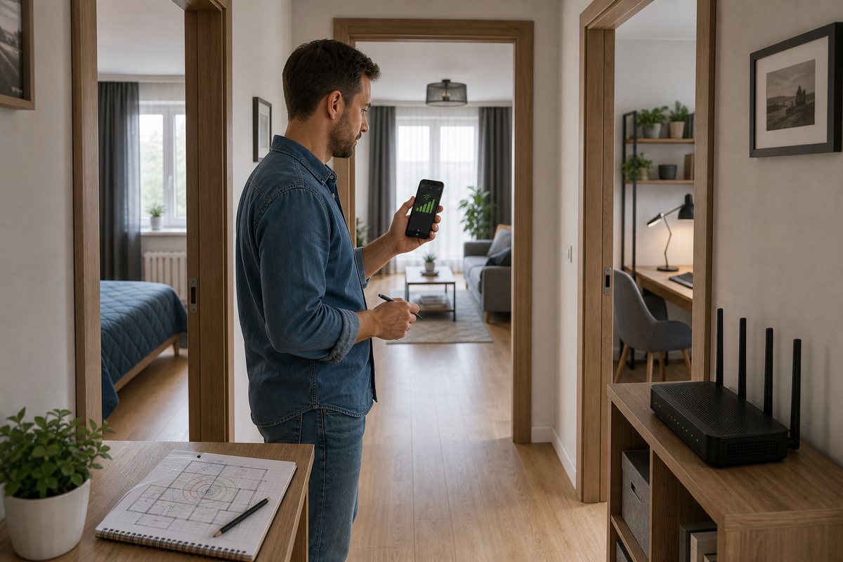 Человек проверяет Wi-Fi сигнал со смартфоном в коридоре между комнатами